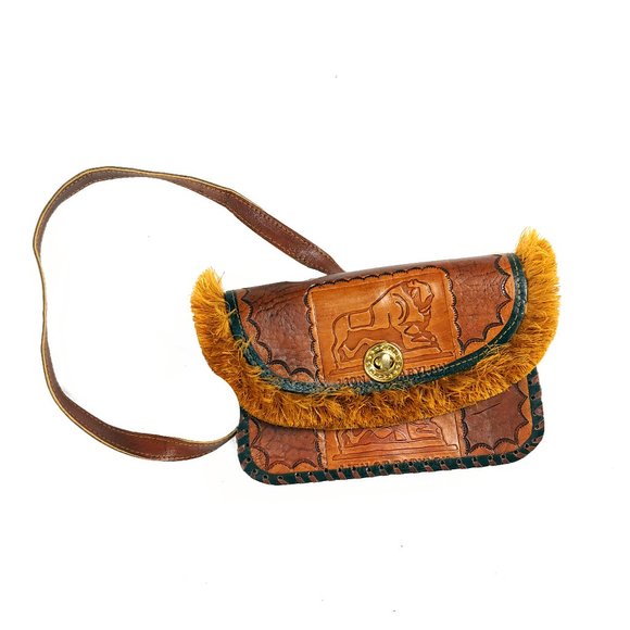 Vintage Handbags - Hand tooled leather brown crossbody bag w/ fringe